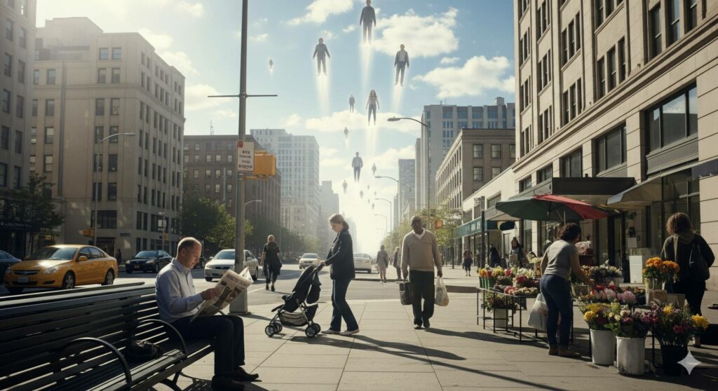 Eine belebte Stadtstraße mit Menschen, Geschäften und Autos. Die Szene zeigt die Entrückung der Gläubigen.
