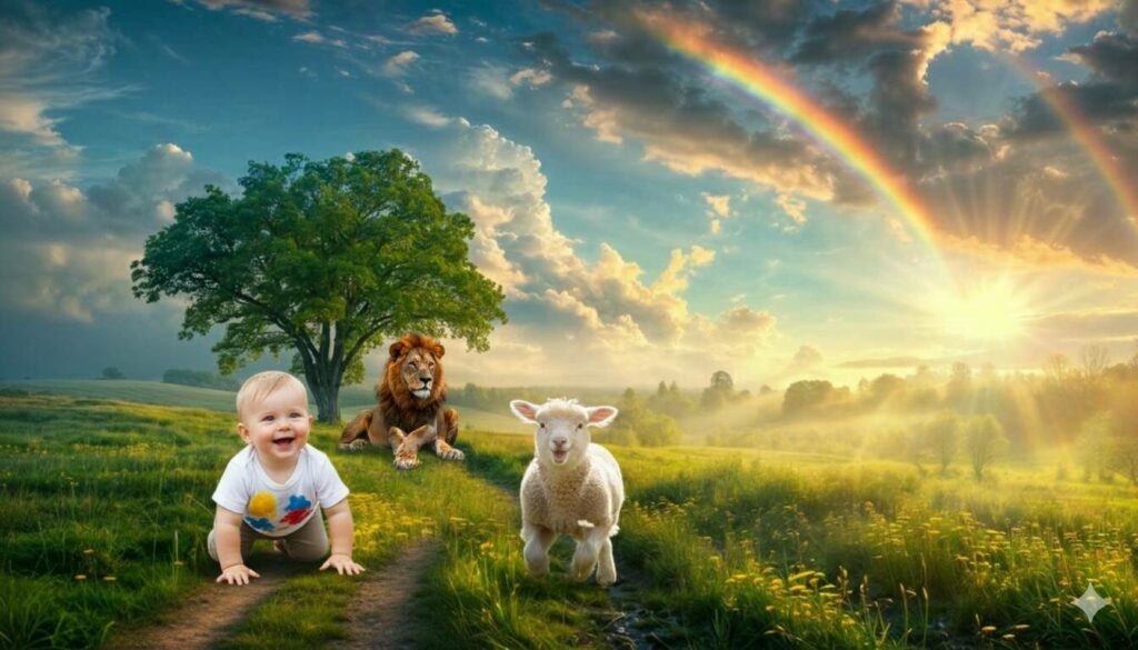 Ein Baby und Tiere im 1000jaehrigen Reich des Friedens