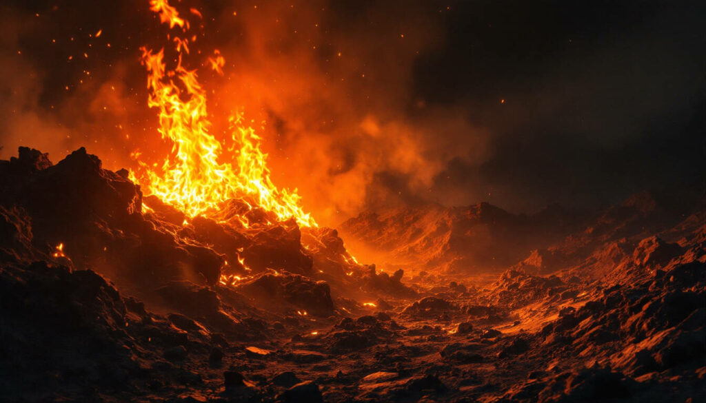 Ein Lava-Fluss mit hellen Flammen in der Dunkelheit. Die Szene zeigt eine intensive und dramatische Landschaft die der Hölle ähnelt.