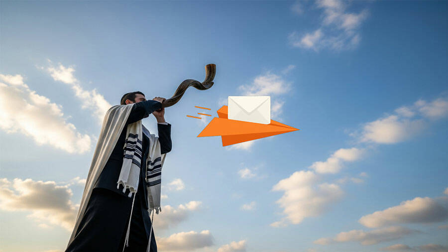 Ein Rabbi in schwarzem Gewand bläst ein Schofar Horn und vom Himmel gleitet eine E-Mails nach der Entrückung.